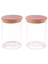 Homestic Borosilicate Glass Jar with Printed Bamboo Lid|Kitchen Organizer Items and Storage|Multi-utility, Leakproof, Airtight Storage Jar for Cookies,Snacks,Tea,Coffee,Sugar|Pack of 2(600ml)
